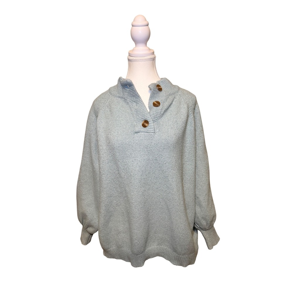 Oversized Chunky Knit Sweater Button Neck Pullover Cozy Blue S Vine & Love